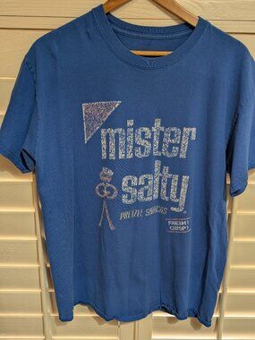 Vintage Mister Salty Pretzel Snacks Blue Short Sleeve Shirt Size XL